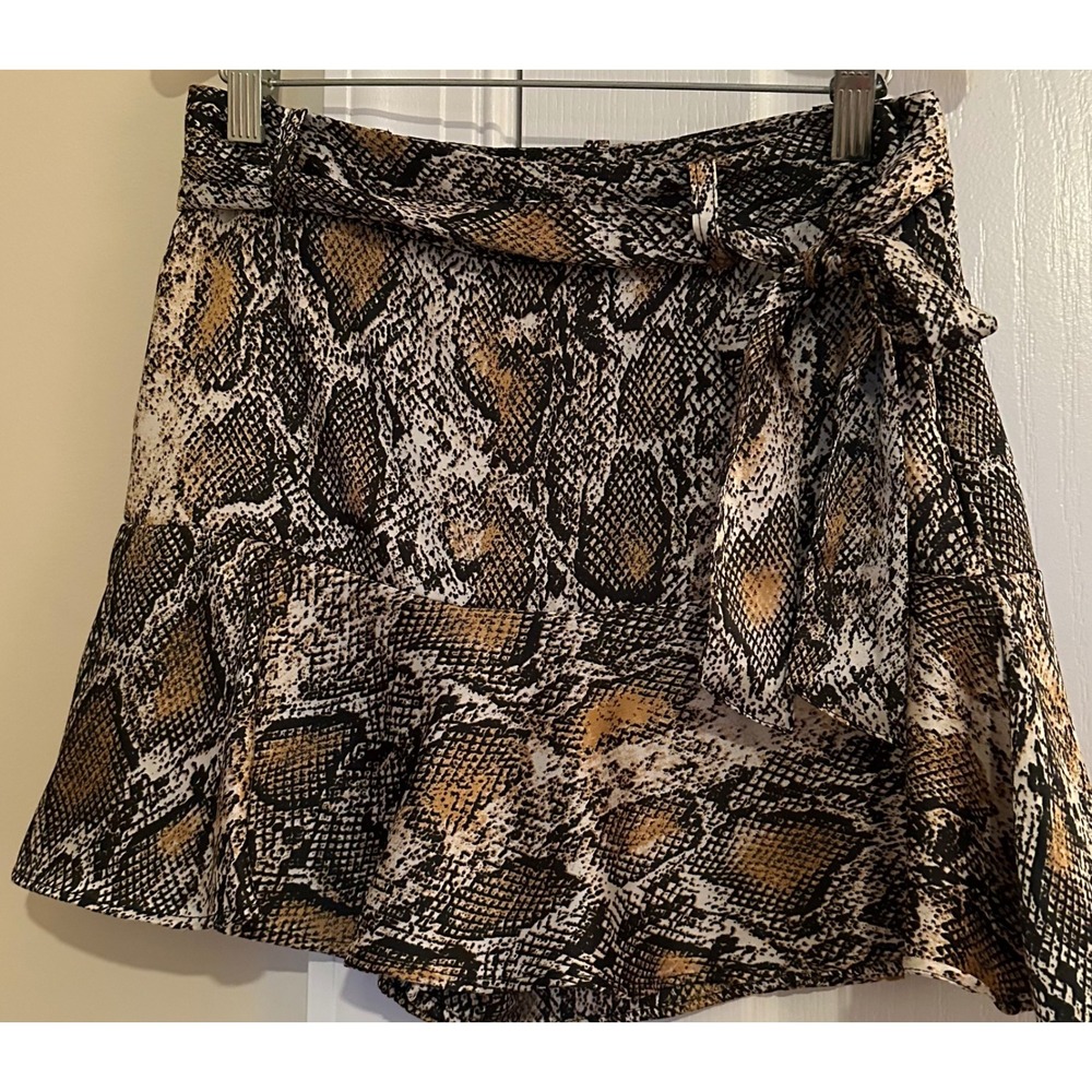 Zara‎ Womens Snakeskin Print Linen Blend Ruffle Mini Skirt with Belt Tan Small
